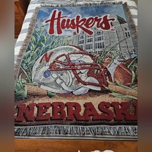 Vintage 90s Nebraska Huskers Woven Tapestry Blanket Memorial Stadium Throw